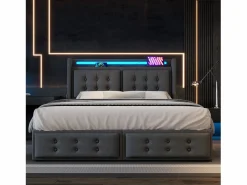 Merax Cama Con Canapé|Cama Adulto|Cama doble canapé tapizada - 160 x 200 cm - Colchón + Leds + 4 cajones + Cabecero con USB - Tejido de algodón -