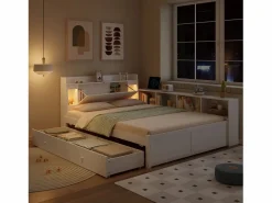 Merax Cama doble con canapé - 140 x 200 cm - cabecero con canapé + 2 luces - armarios laterales + cajón - aglomerado + MDF - Blanco