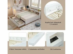 Merax Cama doble con canapé - 140 x 200 cm - cabecero con canapé + 2 luces - armarios laterales + cajón - aglomerado + MDF - Blanco