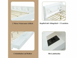 Merax Cama doble con canapé - 140 x 200 cm - cabecero con canapé + 2 luces - armarios laterales + cajón - aglomerado + MDF - Blanco