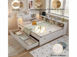 Merax Cama doble con canapé - 140 x 200 cm - cabecero con canapé + 2 luces - armarios laterales + cajón - aglomerado + MDF - Blanco