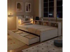 Merax Cama doble con canapé - 90 x 200 cm - cabecero con canapé + 2 luces - Armarios laterales + cajón - aglomerado + MDF - Blanco