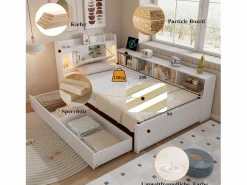 Merax Cama doble con canapé - 90 x 200 cm - cabecero con canapé + 2 luces - Armarios laterales + cajón - aglomerado + MDF - Blanco