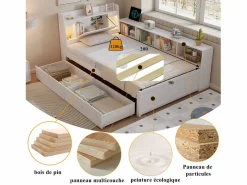 Merax Cama doble con canapé - 90 x 200 cm - cabecero con canapé + 2 luces - Armarios laterales + cajón - aglomerado + MDF - Blanco