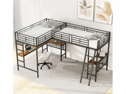 Merax Cama Alta|Cama doble entreplanta - 2 x 90 x 200 cm - con escritorio de esquina y escalera - metal -