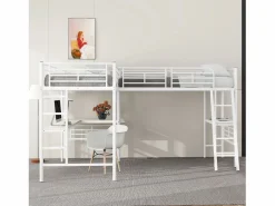 Merax Cama doble entreplanta - 2 x 90 x 200 cm - con escritorio esquinero y escalera - metal - Blanco New