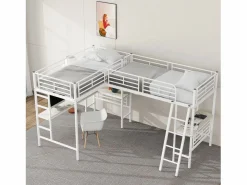 Merax Cama doble entreplanta - 2 x 90 x 200 cm - con escritorio esquinero y escalera - metal - Blanco New