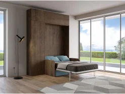 ITAMOBY Cama Abatible|Cama doble plegable francesa Kentaro de 140 cm con sofá y muebles de nogal, azul claro