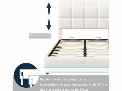 Cama doble tapizada 140x190 cm con iluminación LED, somier de láminas y almacenaje, PU, color blanco^ Hot