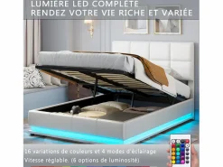 Cama doble tapizada 140x190 cm con iluminación LED, somier de láminas y almacenaje, PU, color blanco^ Hot