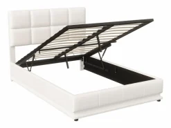 Cama doble tapizada 140x190 cm con iluminación LED, somier de láminas y almacenaje, PU, color blanco^ Hot