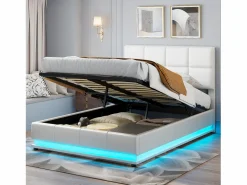 Cama doble tapizada 140x190 cm con iluminación LED, somier de láminas y almacenaje, PU, color blanco^ Hot