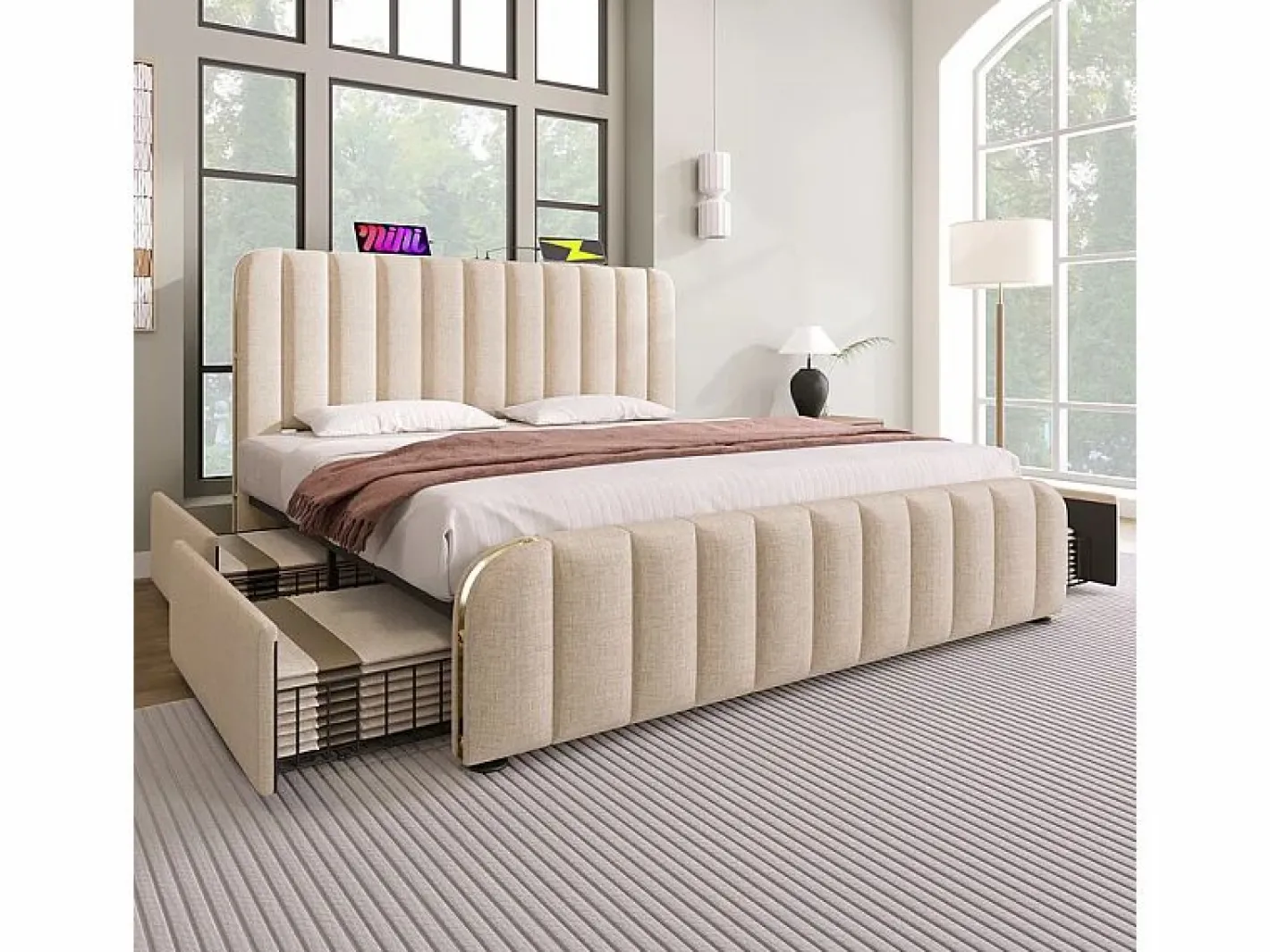 DripeX Cama doble tapizada 180x200cm en lino , con 4 cajones + USB y Tipo C, carga máx. 226 kg (sin colchón) Beige Hot