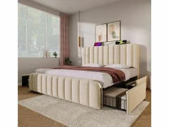DripeX Cama doble tapizada 180x200cm en lino , con 4 cajones + USB y Tipo C, carga máx. 226 kg (sin colchón) Beige Hot