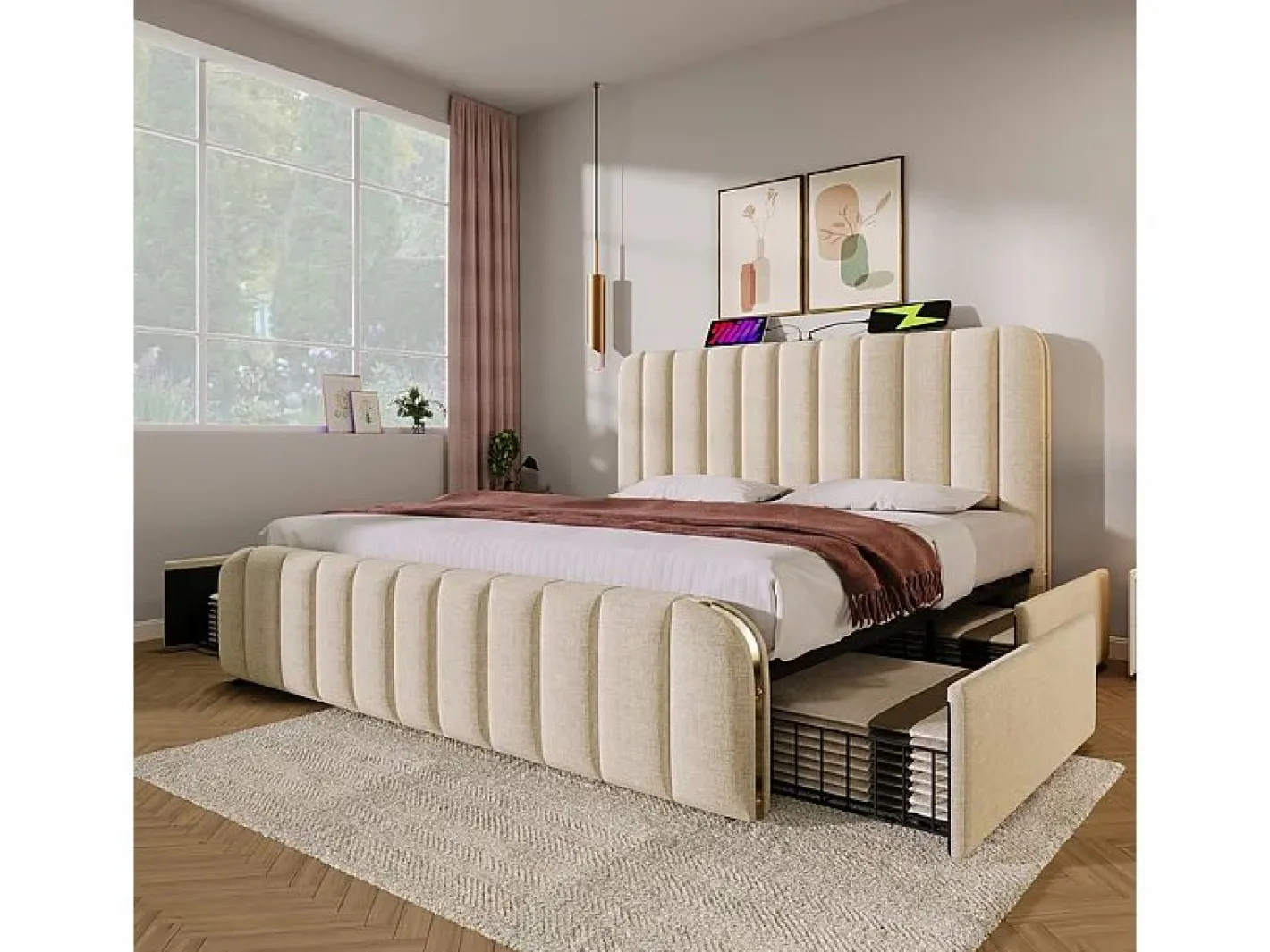 DripeX Cama doble tapizada 180x200cm en lino , con 4 cajones + USB y Tipo C, carga máx. 226 kg (sin colchón) Beige Hot