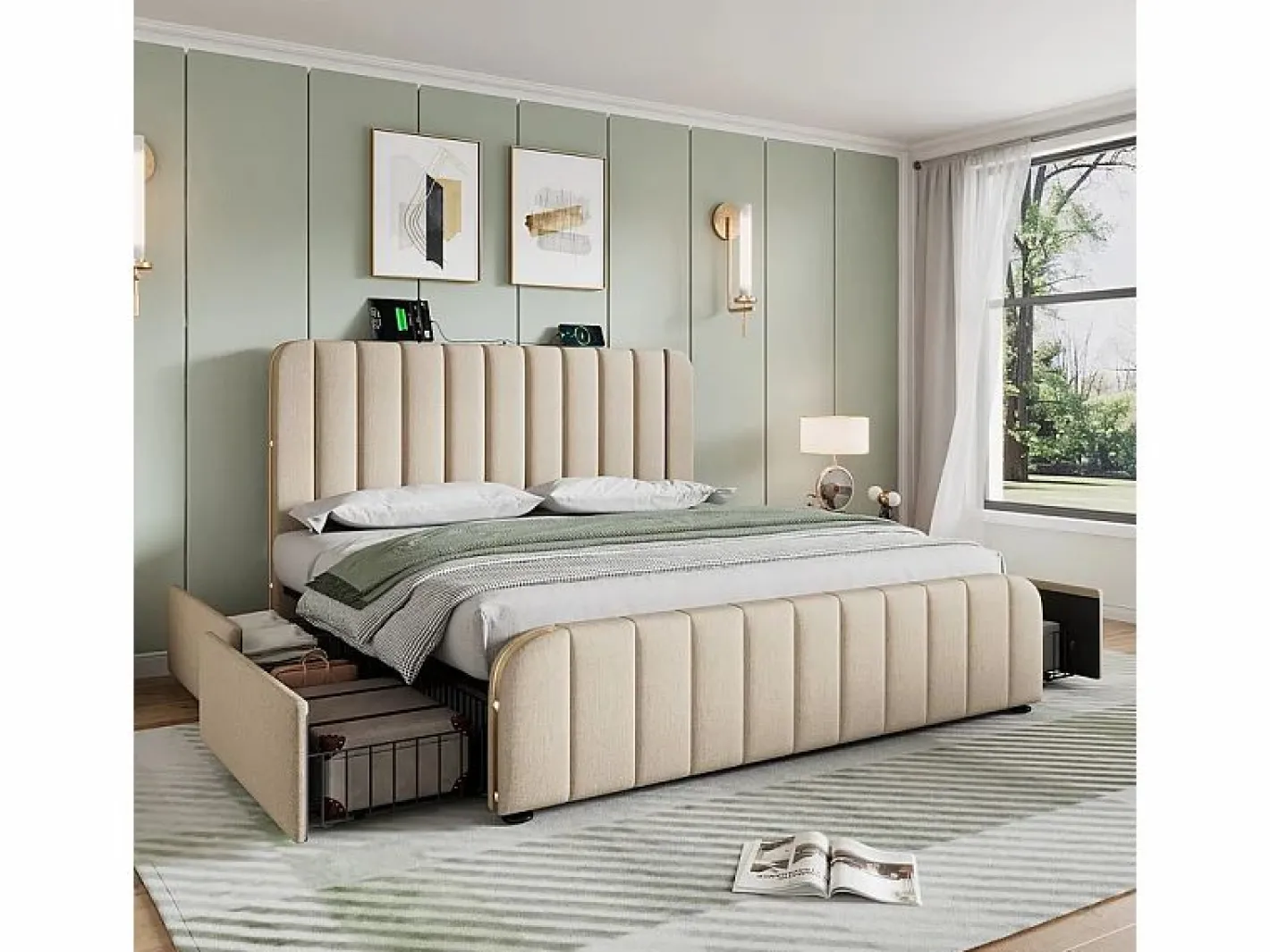DripeX Cama doble tapizada 180x200cm en lino , con 4 cajones + USB y Tipo C, carga máx. 226 kg (sin colchón) Beige Hot