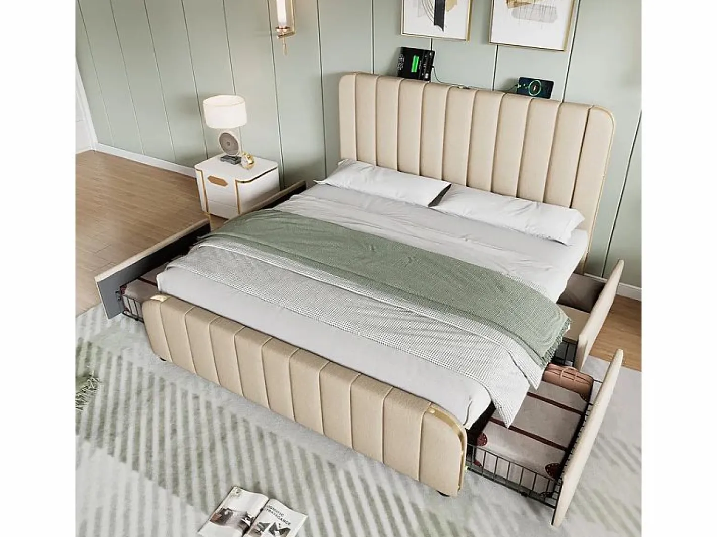 DripeX Cama doble tapizada 180x200cm en lino , con 4 cajones + USB y Tipo C, carga máx. 226 kg (sin colchón) Beige Hot