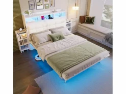 Cama doble 140x190 cm diseño moderno con almacenaje y luz led hierro dormitorio (Sin colchón) Blanco Outlet