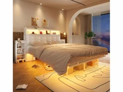 Cama doble 140x190 cm diseño moderno con almacenaje y luz led hierro dormitorio (Sin colchón) Blanco Outlet