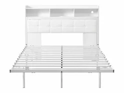 Cama doble 140x190 cm diseño moderno con almacenaje y luz led hierro dormitorio (Sin colchón) Blanco Outlet