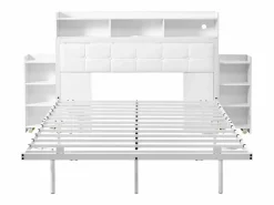 Cama doble 140x190 cm diseño moderno con almacenaje y luz led hierro dormitorio (Sin colchón) Blanco Outlet