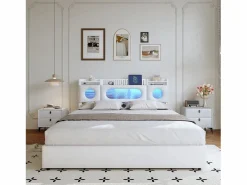 Cama Con Canapé|Cama Con Almacenaje|Cama doble 140x200cm con cabecero LED - espacio de almacenamiento y puerto USB - canapé hidráulico - PU -