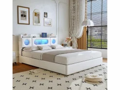 Cama Con Canapé|Cama Con Almacenaje|Cama doble 140x200cm con cabecero LED - espacio de almacenamiento y puerto USB - canapé hidráulico - PU -
