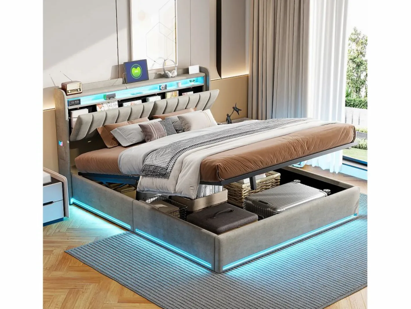 Cama Terciopelo|Cama Con Canapé|Cama doble 160x200cm con iluminación LED y almacenaje hidráulico - cabecero con puertos USB y compartimentos de almacenaje - terciopelo -