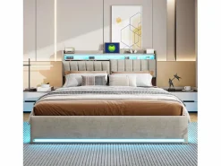 Cama Terciopelo|Cama Con Canapé|Cama doble 160x200cm con iluminación LED y almacenaje hidráulico - cabecero con puertos USB y compartimentos de almacenaje - terciopelo -