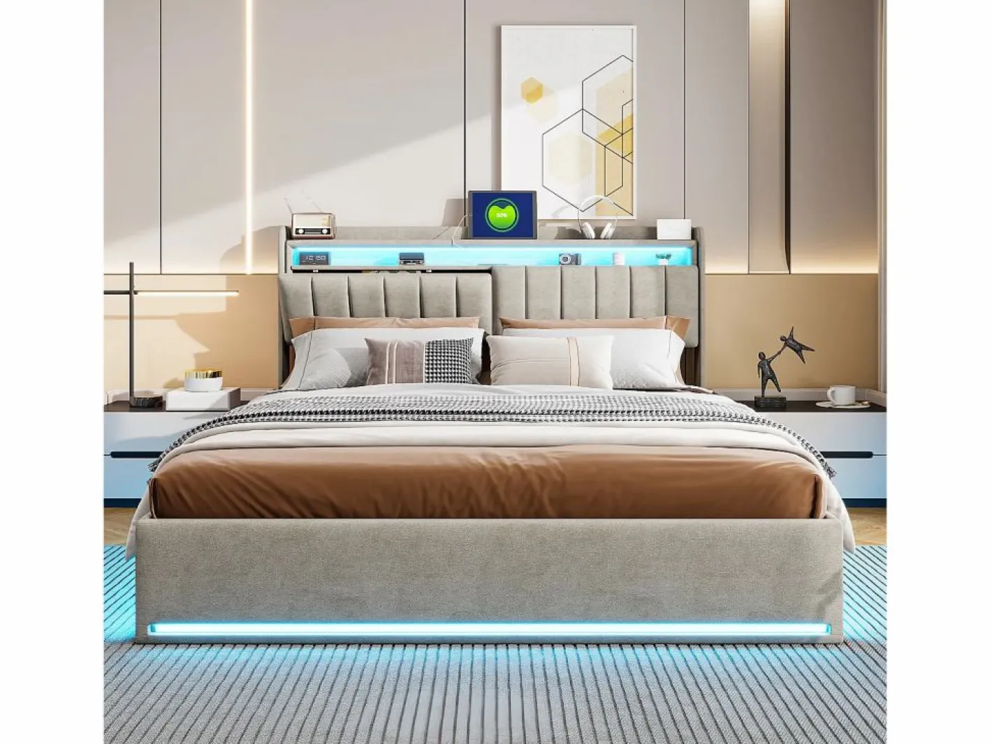 Cama Terciopelo|Cama Con Canapé|Cama doble 160x200cm con iluminación LED y almacenaje hidráulico - cabecero con puertos USB y compartimentos de almacenaje - terciopelo -