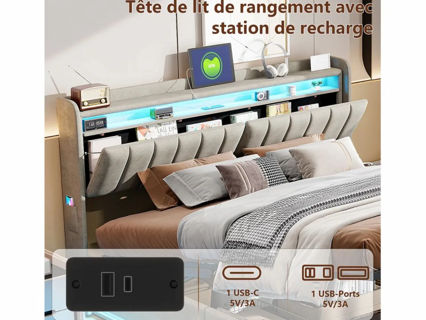 Cama Terciopelo|Cama Con Canapé|Cama doble 160x200cm con iluminación LED y almacenaje hidráulico - cabecero con puertos USB y compartimentos de almacenaje - terciopelo -