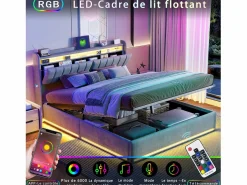 Cama Terciopelo|Cama Con Canapé|Cama doble 160x200cm con iluminación LED y almacenaje hidráulico - cabecero con puertos USB y compartimentos de almacenaje - terciopelo -
