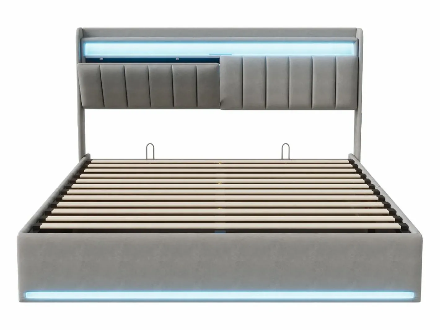 Cama Terciopelo|Cama Con Canapé|Cama doble 160x200cm con iluminación LED y almacenaje hidráulico - cabecero con puertos USB y compartimentos de almacenaje - terciopelo -