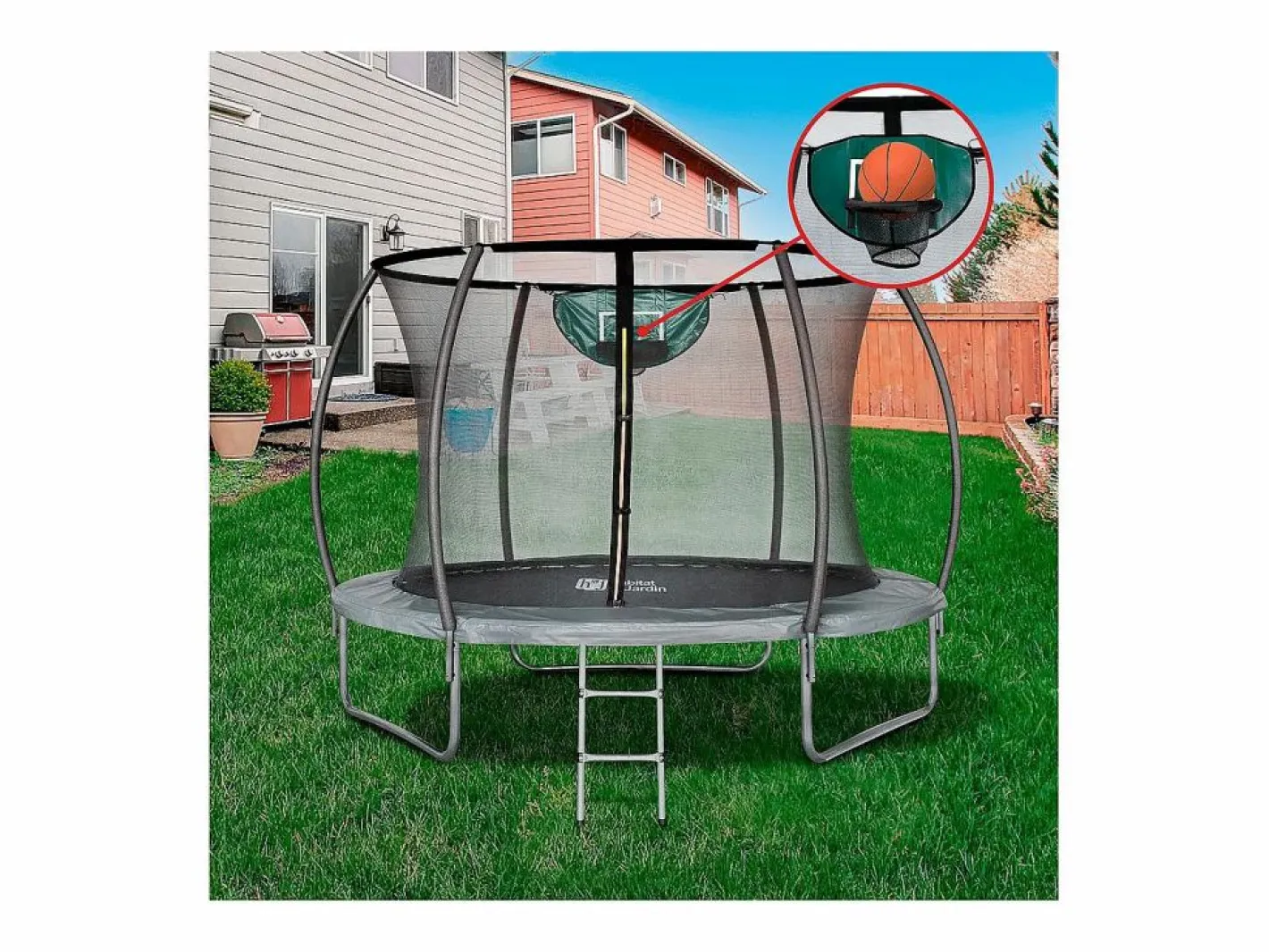 Cama elástica con red interior y canasta de baloncesto "jumper" Ø3,70 m - Gris^Habitat et jardin New