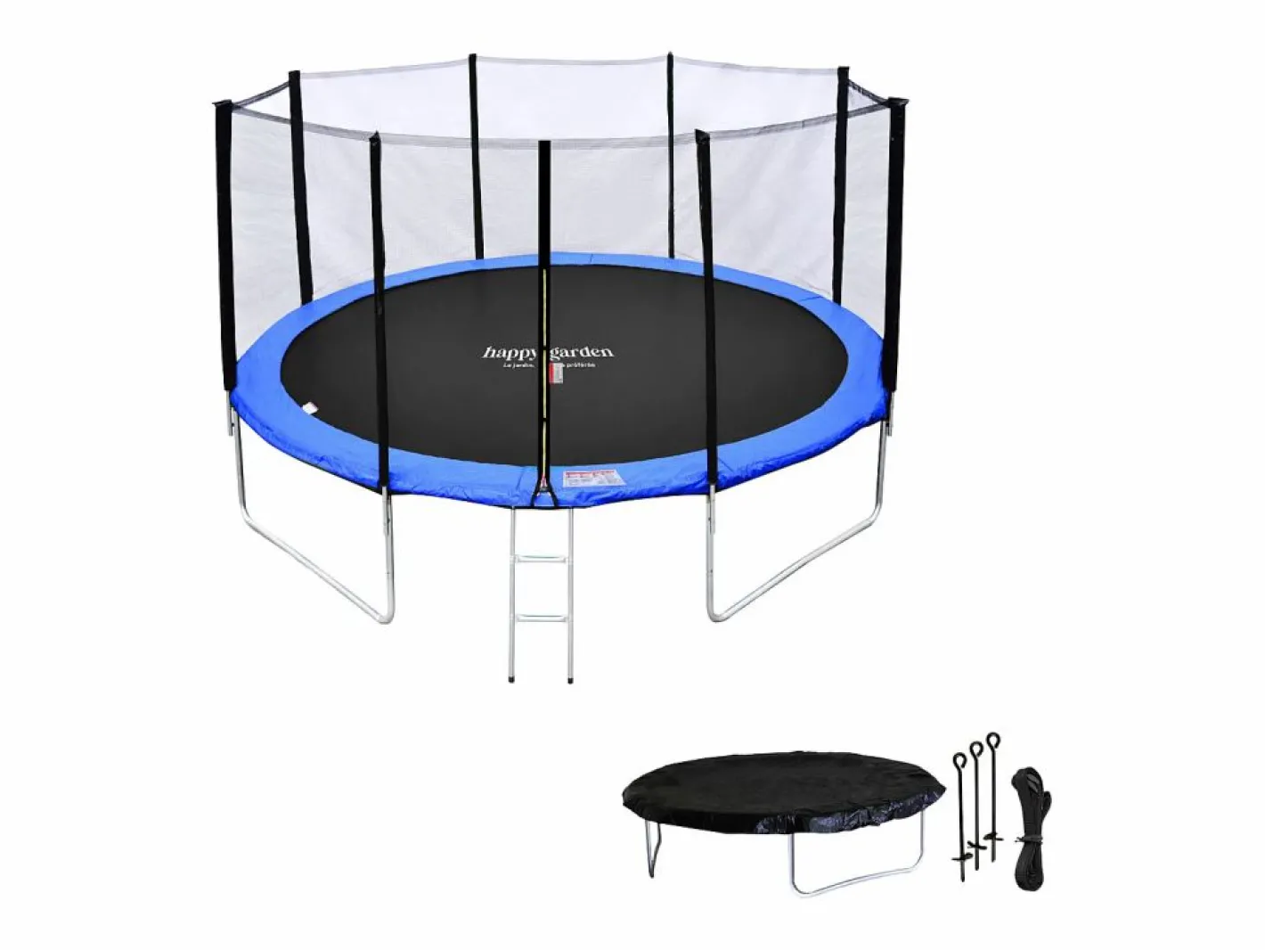 Happy Garden Cama Elástica|Cama elástica de 370cm reversible /azul, Pack trampolín PERTH + red de seguridad + escalera + lona + kit de anclaje.