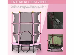 Homcom Cama elástica Jump entrada con cremallera y red de seguridad Ø140x190 cm Rosa Hot