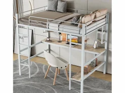 ModernLuxe Cama Alta|Cama entrepiso de hierro - 90x200 cm - con escritorio y 5 estantes -