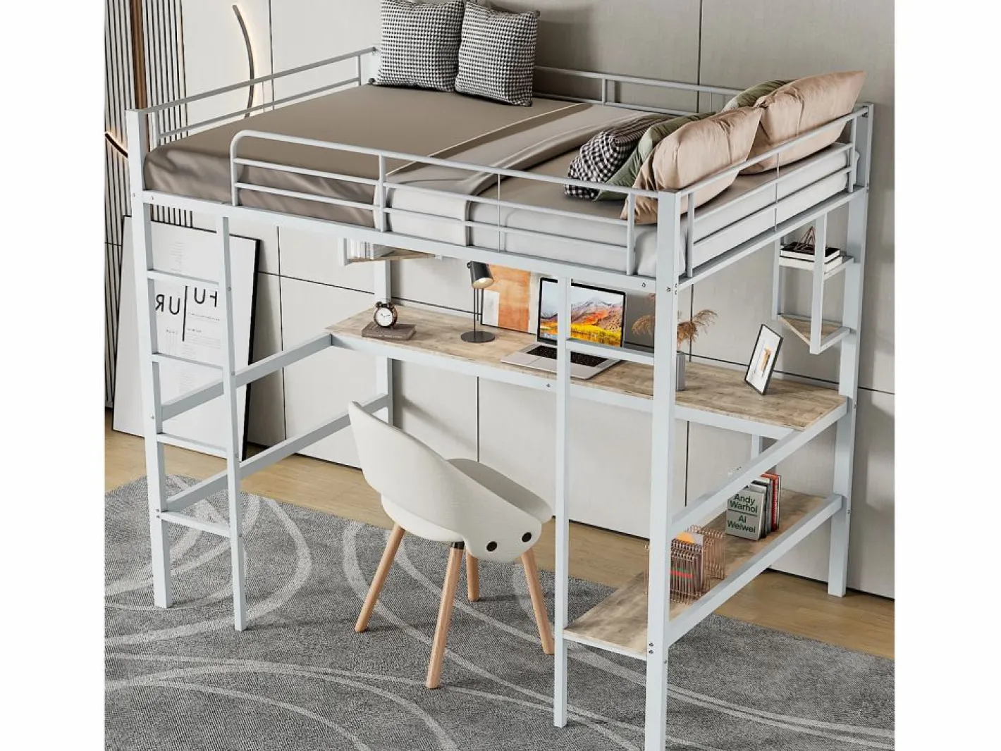 ModernLuxe Cama Alta|Cama entrepiso de hierro - 90x200 cm - con escritorio y 5 estantes -