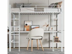 ModernLuxe Cama Alta|Cama entrepiso de hierro - 90x200 cm - con escritorio y 5 estantes -
