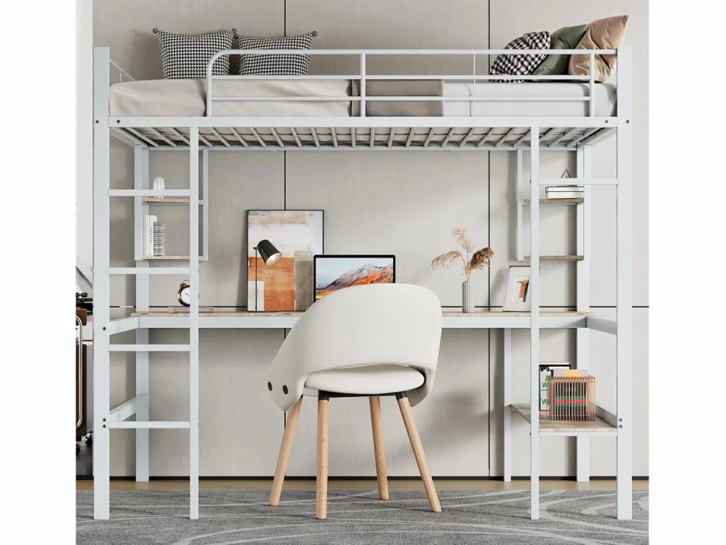 ModernLuxe Cama Alta|Cama entrepiso de hierro - 90x200 cm - con escritorio y 5 estantes -