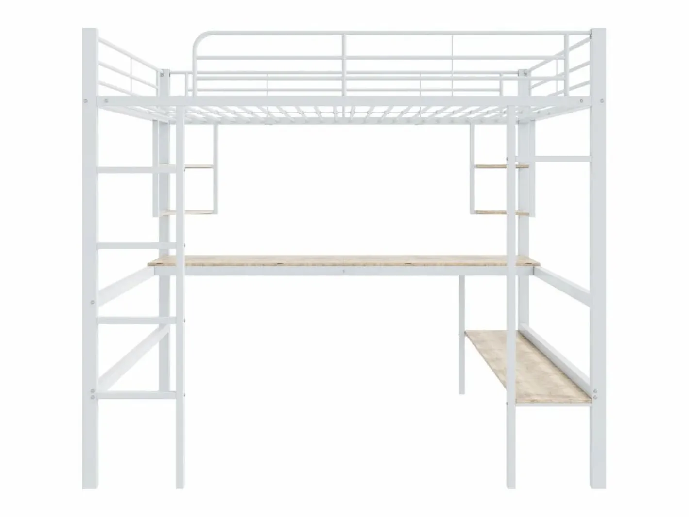 ModernLuxe Cama Alta|Cama entrepiso de hierro - 90x200 cm - con escritorio y 5 estantes -