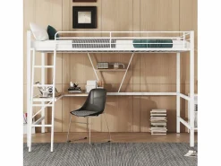 ModernLuxe Cama entrepiso de hierro - 90x200 cm - con escritorio esquinero y estante - Blanco Best
