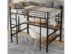 ModernLuxe Cama entrepiso de hierro - 90x200cm - con escritorio y 5 estantes - Negro Sale
