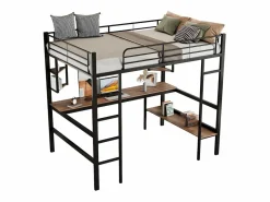 ModernLuxe Cama entrepiso de hierro - 90x200cm - con escritorio y 5 estantes - Negro Sale