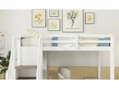 ModernLuxe Cama Alta|Cama entrepiso de madera - 90x200 cm - con escritorio, estantes y escalera de almacenamiento -