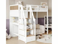 ModernLuxe Cama Alta|Cama entrepiso de madera - 90x200 cm - con escritorio, estantes y escalera de almacenamiento -