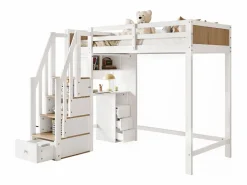 ModernLuxe Cama Alta|Cama entrepiso de madera - 90x200 cm - con escritorio, estantes y escalera de almacenamiento -