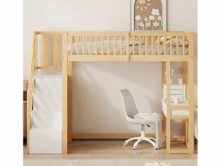 ModernLuxe Cama entrepiso de madera 90x200 cm - con mesa y escalera de almacenamiento - Natural y Blanco Color natural claro / Blanco Online