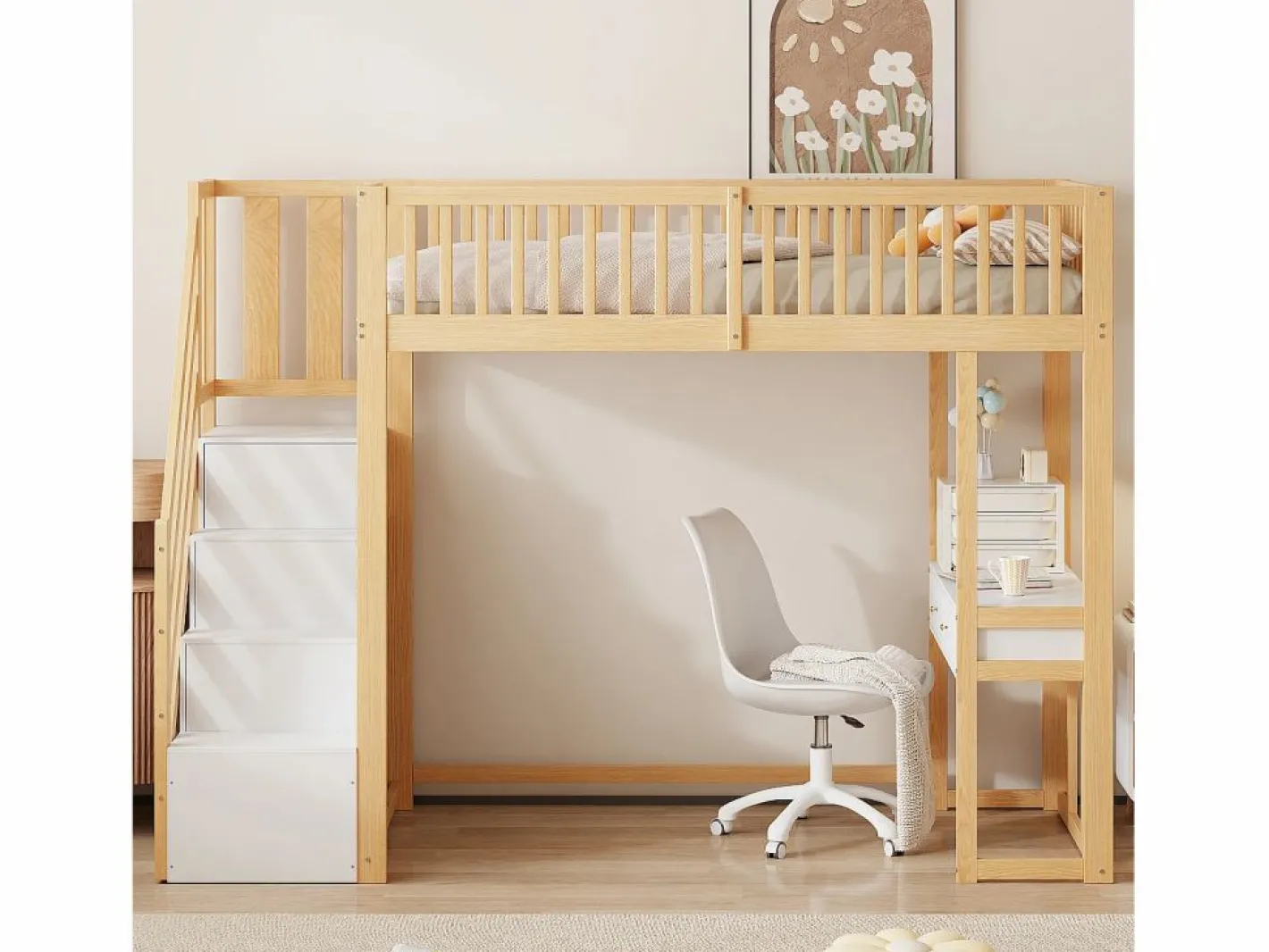 ModernLuxe Cama entrepiso de madera 90x200 cm - con mesa y escalera de almacenamiento - Natural y Blanco Color natural claro / Blanco Online