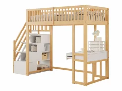 ModernLuxe Cama entrepiso de madera 90x200 cm - con mesa y escalera de almacenamiento - Natural y Blanco Color natural claro / Blanco Online